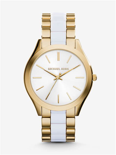 michael kors slim runway logo tortoise acetate and gold-tone watch|Runway Gold.